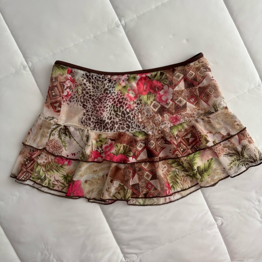 Floral Mesh Brown & Pink Mini Tiered Skirt Swimsuit Coverup